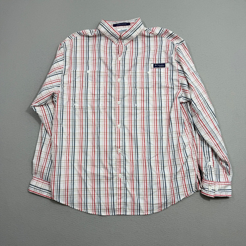 Columbia Button Down Shirt Men's Large White Super Tamiami PFG Plaid Outdoors